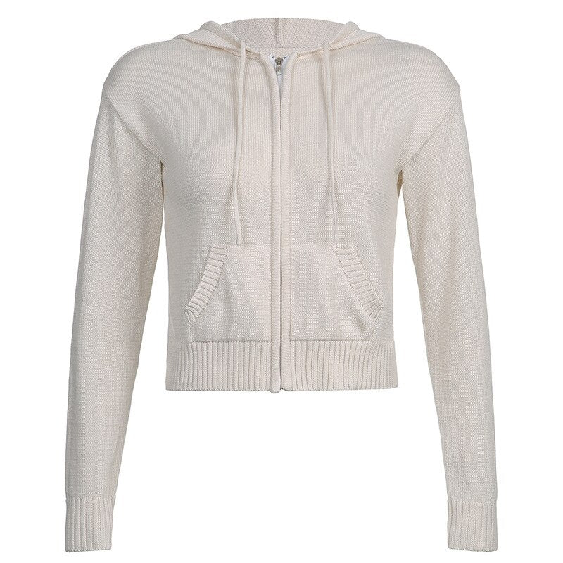 Knitted Sweater Women Hooded Cardigan Cropped Vintage Hoodies Y2K Solid Coat Women Sweater Outwear Long Sleeve Pull Femme - Deanwangkt