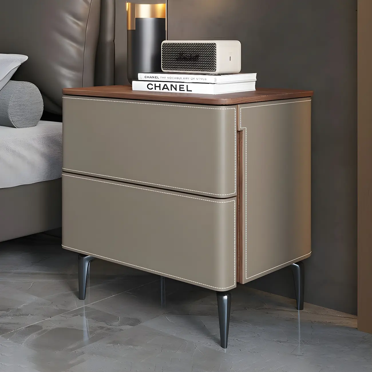 Modern Faux Leather Wood Top Drawers Nightstand