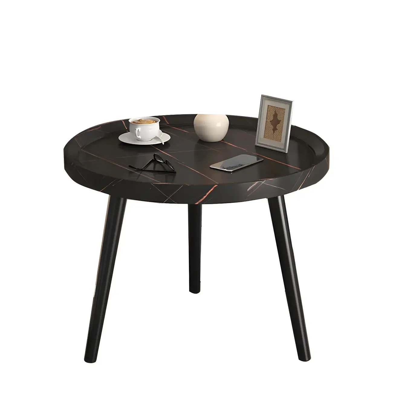 Natural Espresso Wood Small Round End Side Table with Tray Top & Shelf
