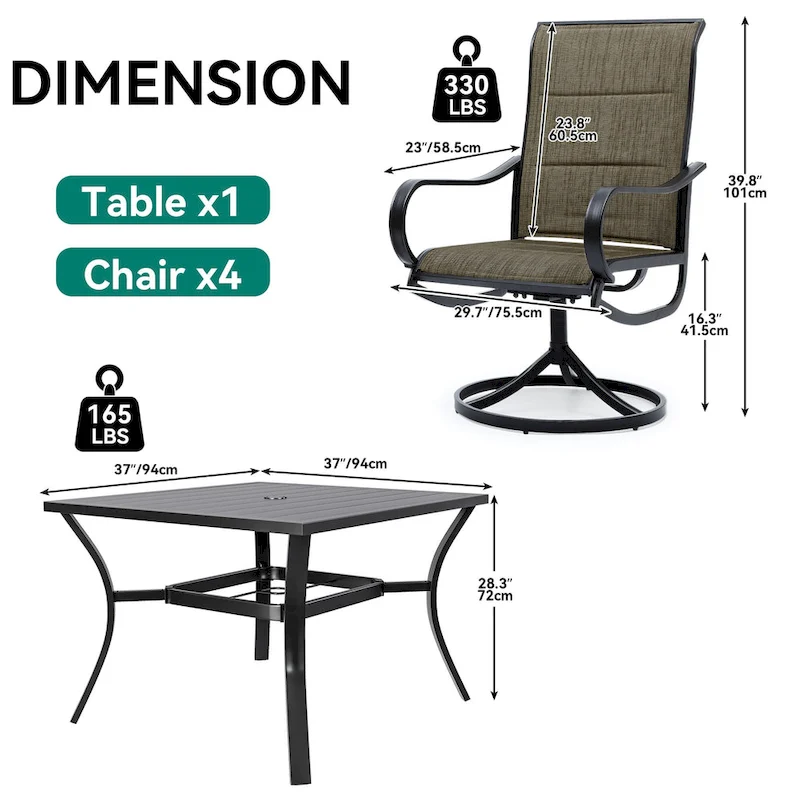 Patio Dining Set with 23 W Upholstered Swivel Chairs and Table