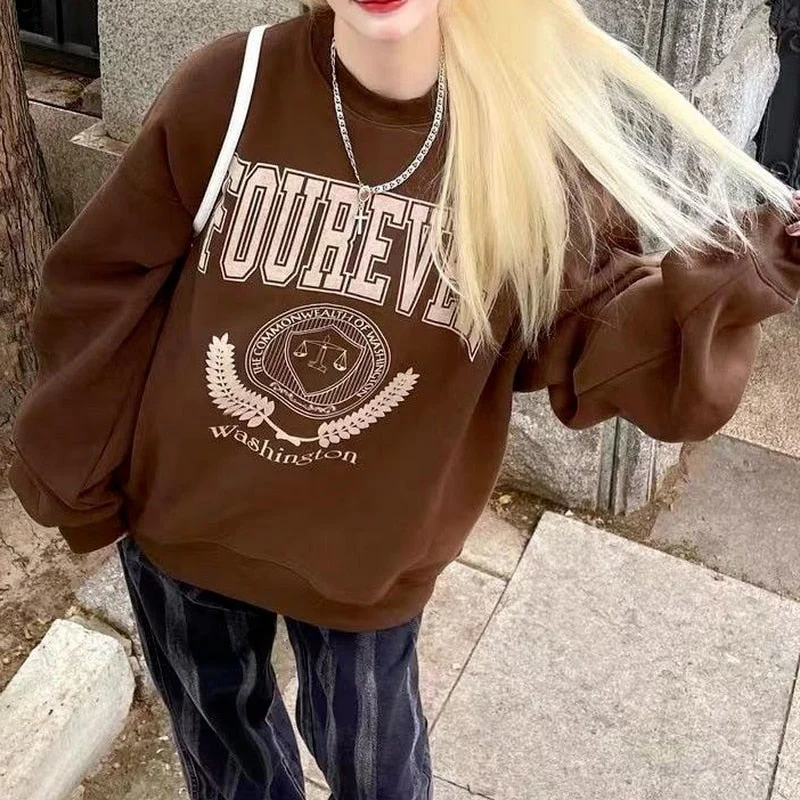 hulianfu Y2K Vintage Brown Sweatshirts Women Streetwear Egirl Aesthetic Letter Oversize Hoodies Harajuku Korean Style Female - Deanwangkt