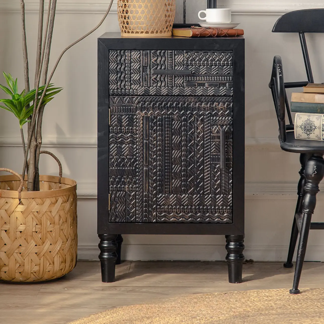 Mid-Century Rectangle Black Distressed Wood Carved Cabinet