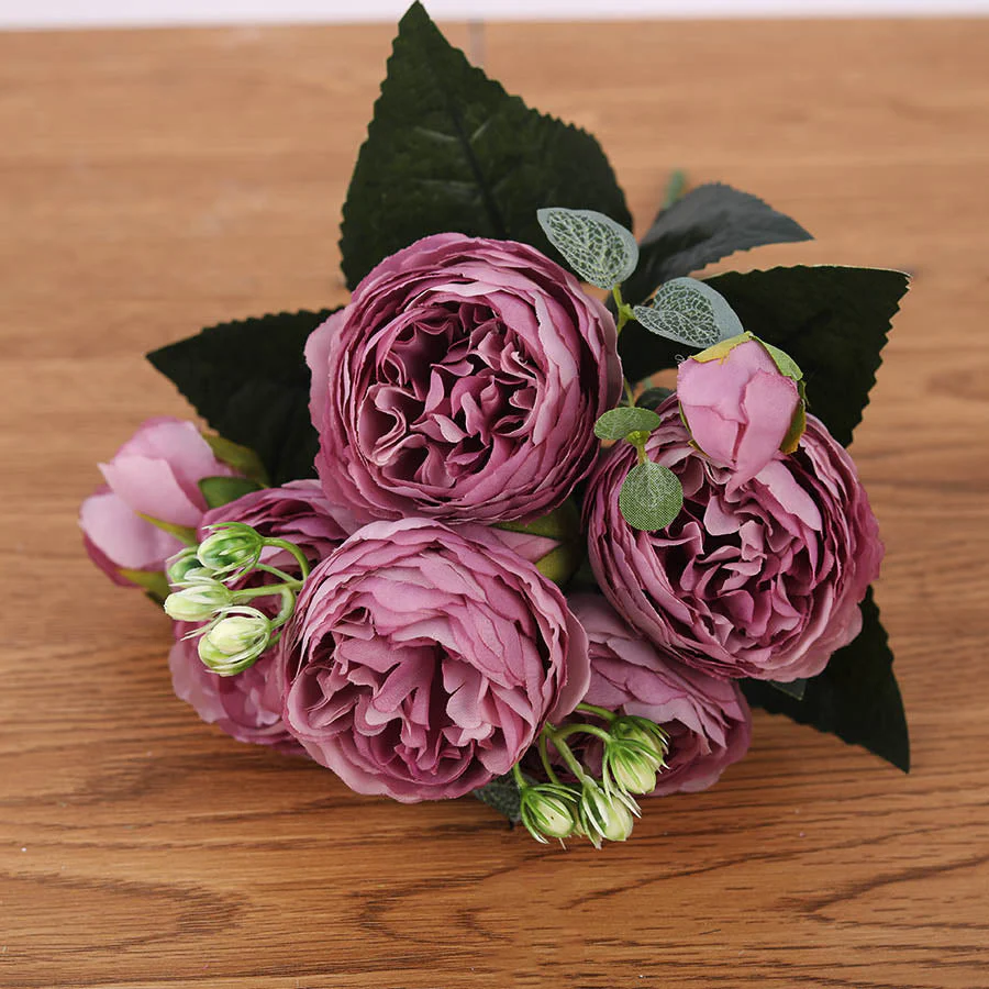 HULIANFU 2026  30cm Rose Pink Silk Bouquet Peony Artificial Flowers 5 Big Heads 4 Small Bud Bride Wedding Home Decoration Fake Flowers Faux - Deanwangkt