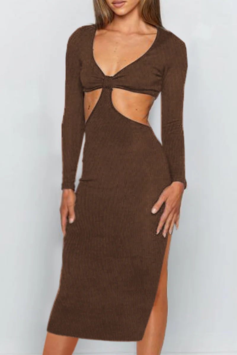 hulianfu Elegant Solid Hollowed Out Backless Slit V Neck Pencil Skirt Dresses - Deanwangkt