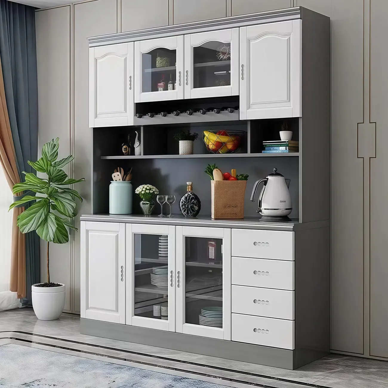 Kitchen Wooden White Cabinet Sideboard Built-in Wine Rack