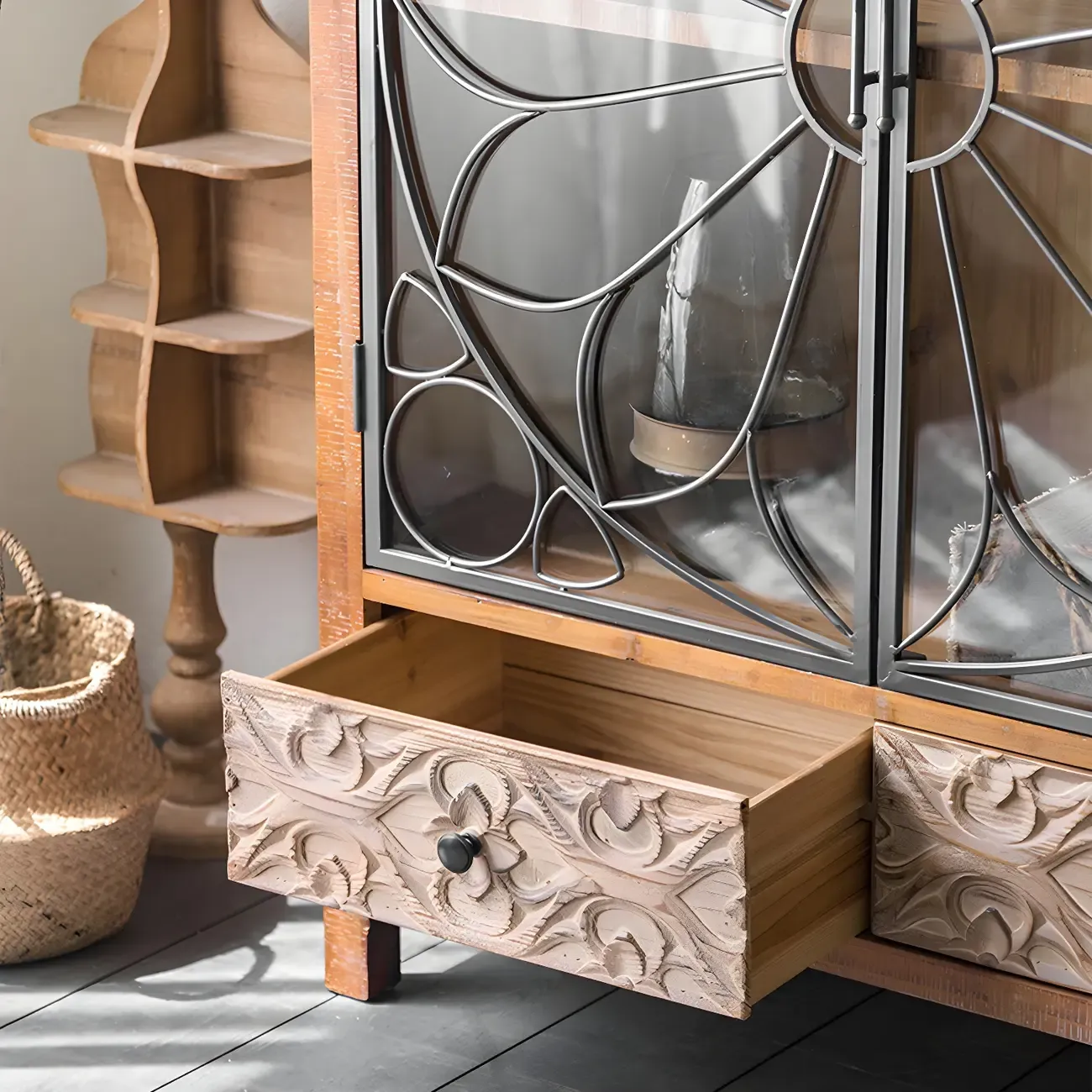 Classic 2-Drawer Brown Medium Wood Glass China Cabinet