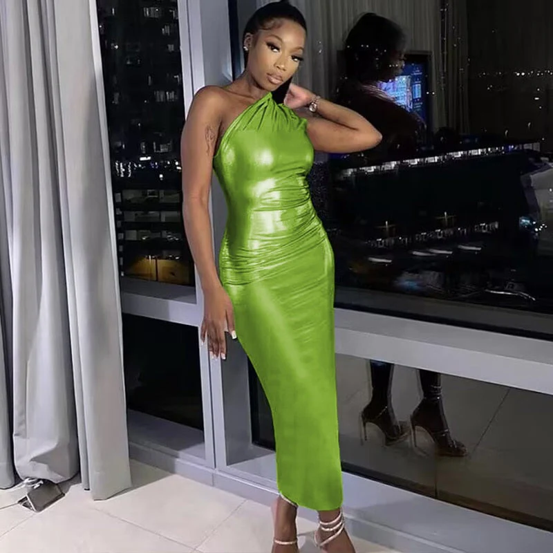 Hulianfu Pu Leather One Shoulder Sleeveless Draped Mini Prom Dress 2026  Summer Fall Women Elegant Y2K Evening Party Club Clothes - Deanwangkt