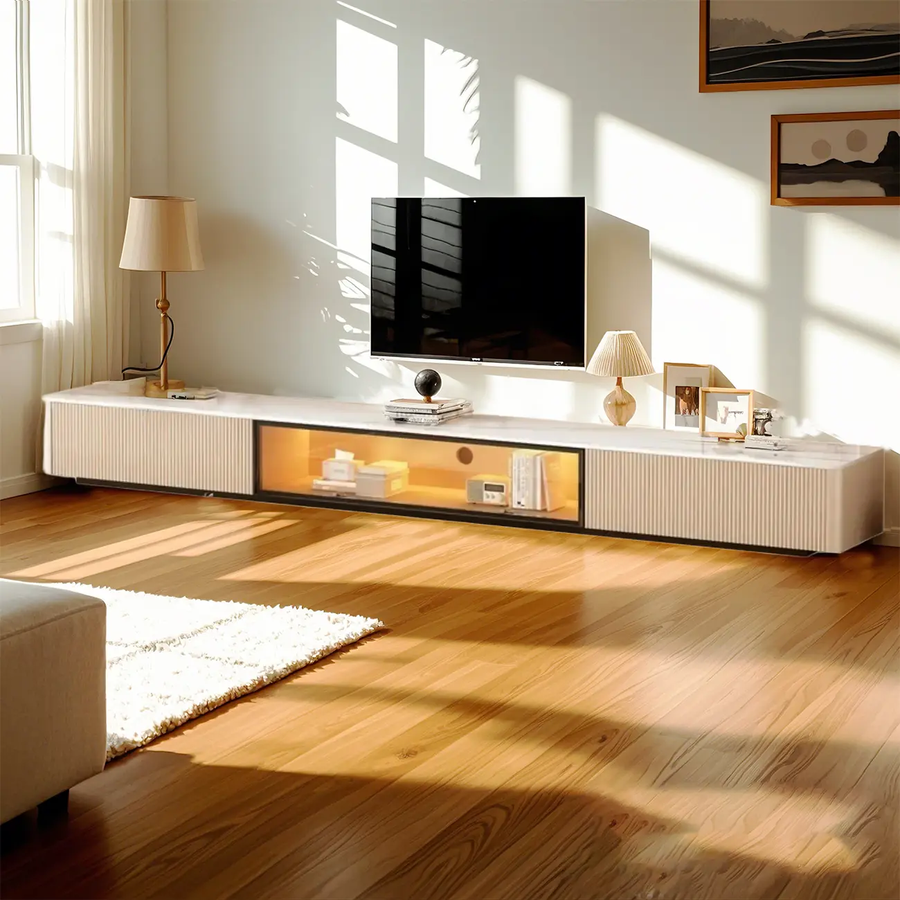 63 Champagne Long Stone TV Stand with Cable Management