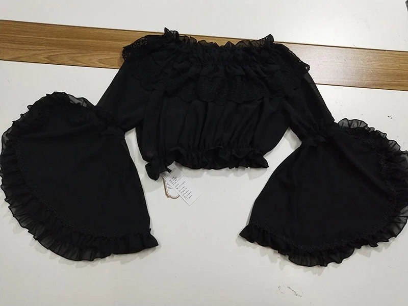 Ladies Sweet Lolita Lace Blouse Neverland Chiffon Loose Layered Crop Tops Victoria Costume Long Bell Sleeves For Women Oversize - Deanwangkt