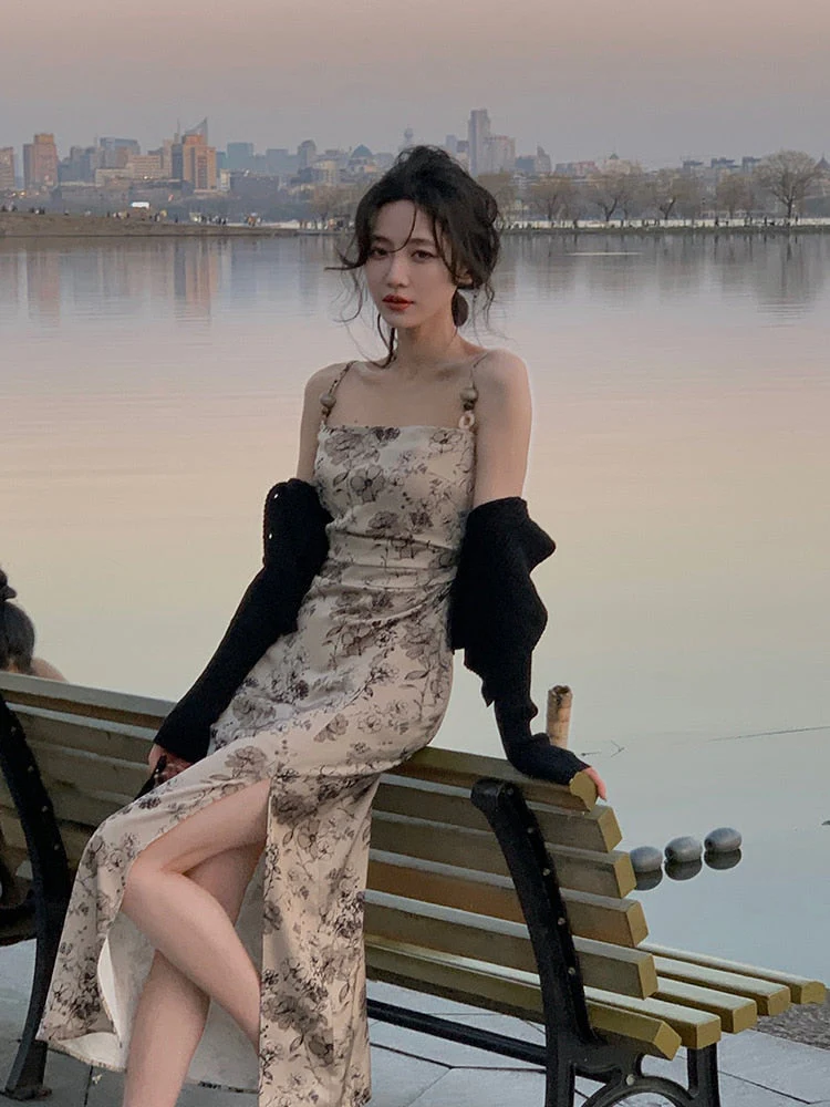 Hulianfu Women Slash Neck Sexy Strapless Retro Green Printing Elegant Temperament Fitting Suspender Slit Bodycon Long Midi Dress Summer - Deanwangkt