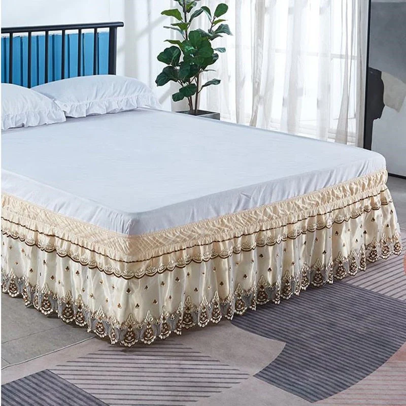 HULIANFU Top Selling Delicate Double Layers Luxury Stereoscopic Embroidered Flowers Lace Ruffle Bed Skirts with Strong Elastic Bed Cover - Deanwangkt