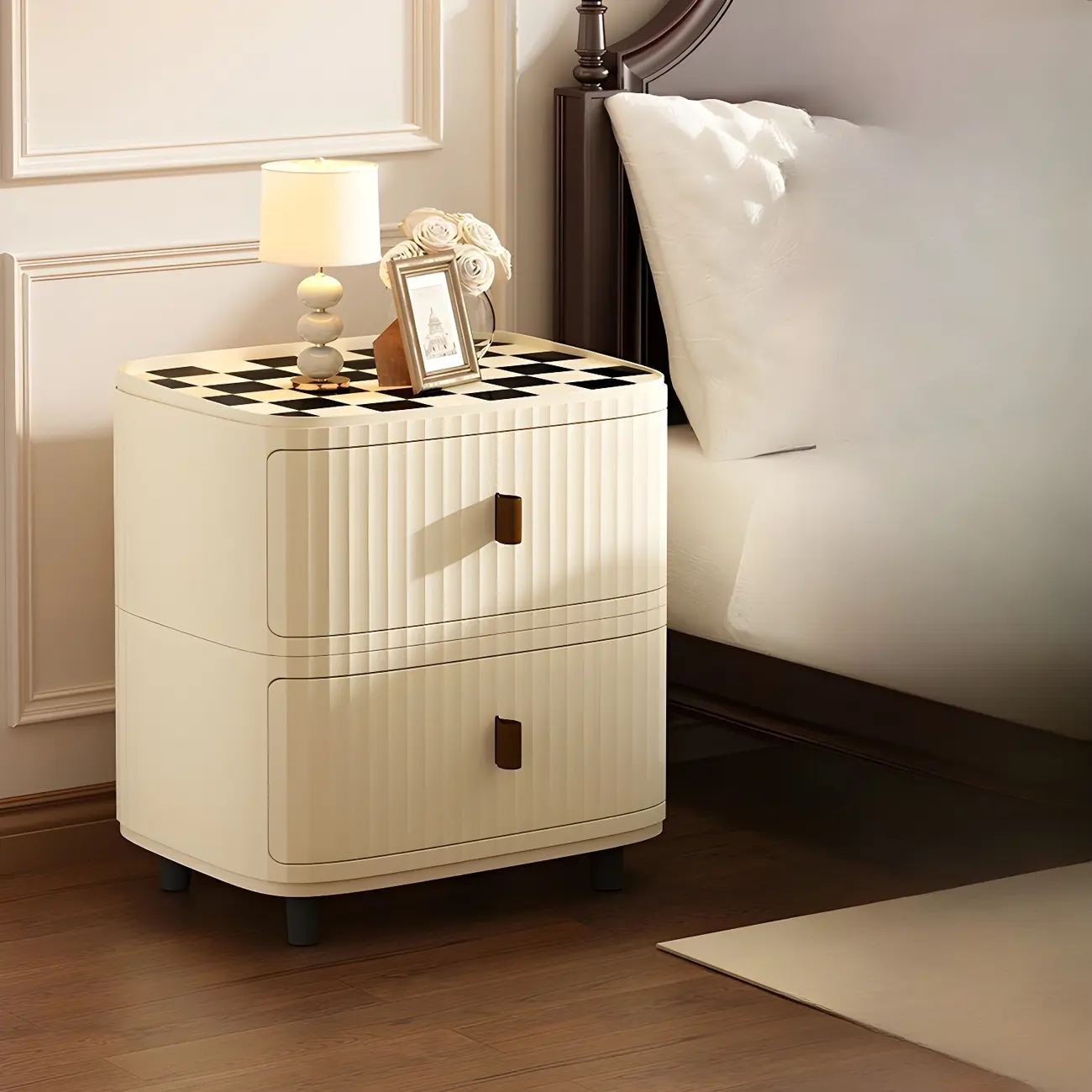 Modern Black And White Grid Top Nightstands with Drawers