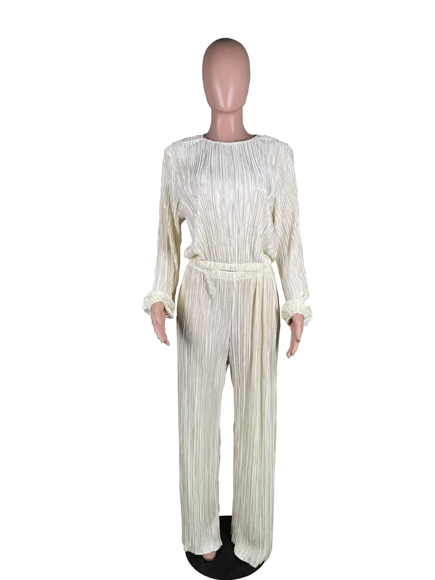 Two Piece Pleated Outfits for Women Casual Crewneck Long Sleeve Loose Fit Top and Wide Leg Palazzo Pant Suit Tracksuit - Deanwangkt