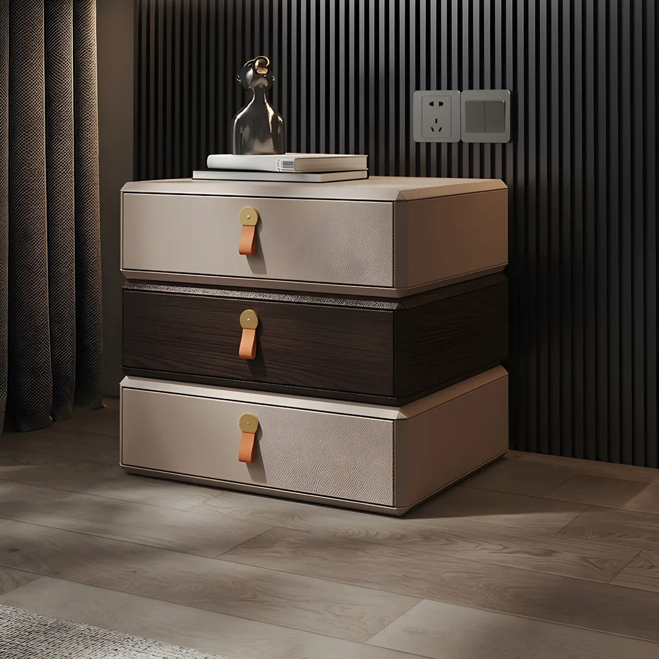 Stacked Beige Wood 3 Drawers Narrow Nightstand