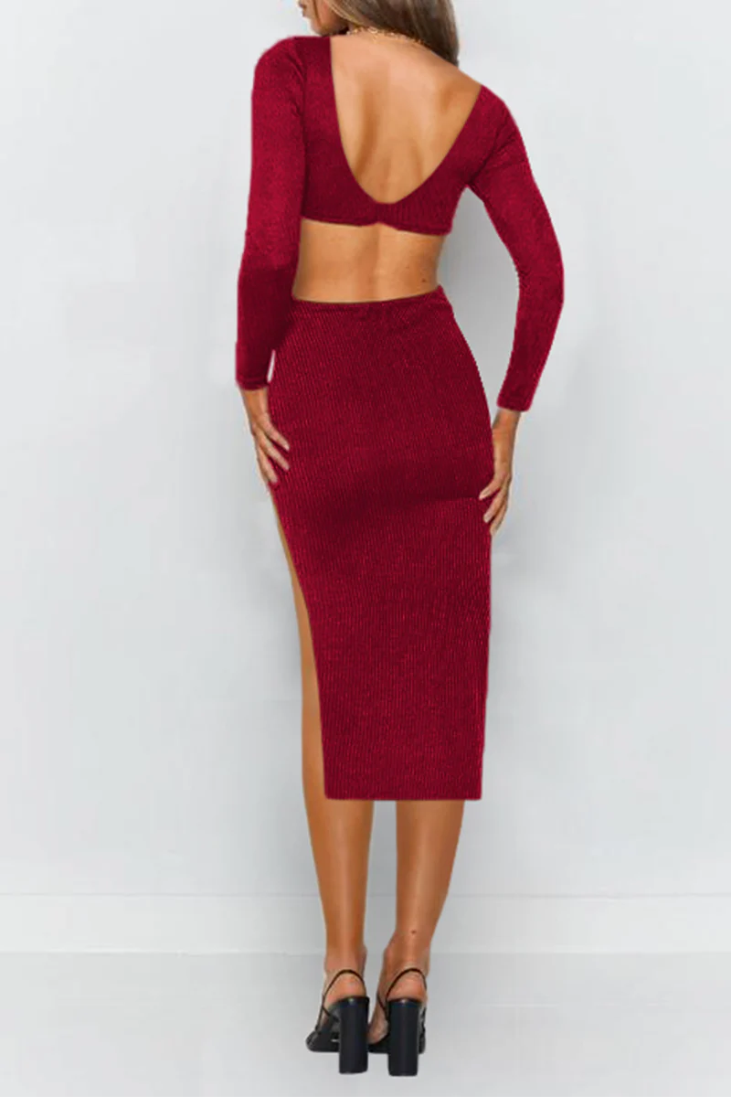 hulianfu Elegant Solid Hollowed Out Backless Slit V Neck Pencil Skirt Dresses - Deanwangkt