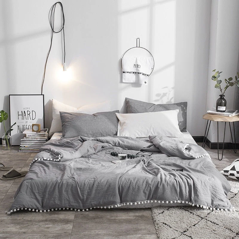 HULIANFU Summer throw Quilts fresh pink patchwork quilt stitching small balls duvet 1pc soft bedspread solid bed cover pastoral bed linen - Deanwangkt