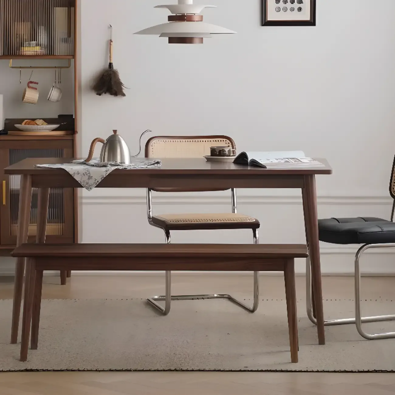 Modern Brown Cantilever Faux Leather Dining Chair Woven Back