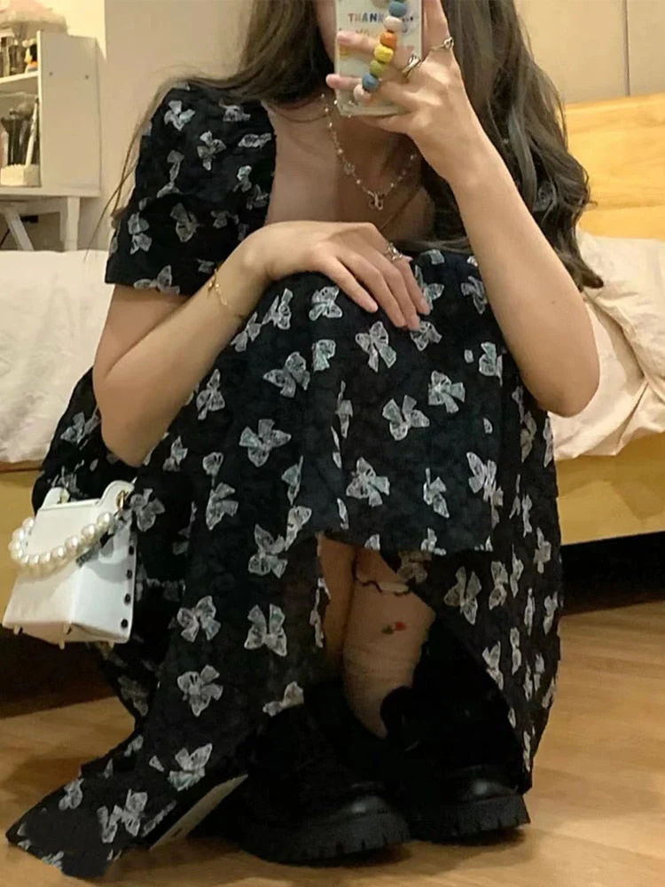 Hulianfu Vintage Black Square Collar Bandage Puff Sleeve Print Chiffon Midi Maxi Dresses for Women Party Dress Korea Clothing Summer - Deanwangkt