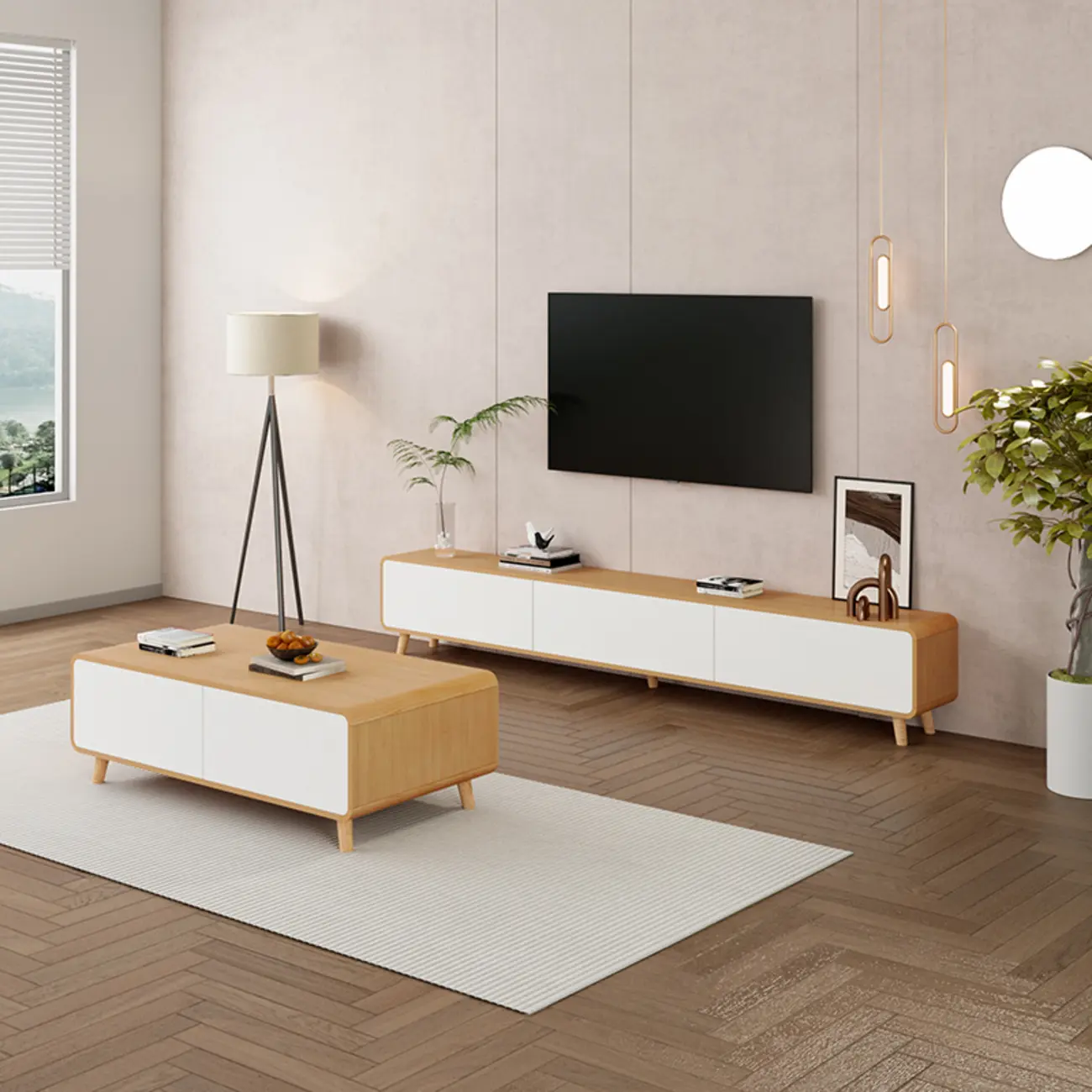 Modern Wood TV Stand with Drawers and Cable Management