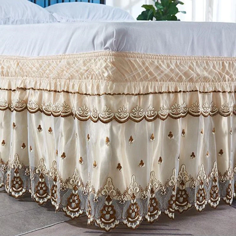HULIANFU Top Selling Delicate Double Layers Luxury Stereoscopic Embroidered Flowers Lace Ruffle Bed Skirts with Strong Elastic Bed Cover - Deanwangkt