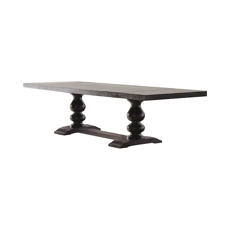 95-123 Inch Dining Table, 2 Extension Leaves, Turned, Antique Black Wood