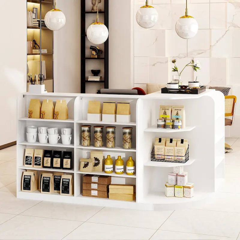 70.9 White Curved Front Desk with Shelving and Storage Reception Desk