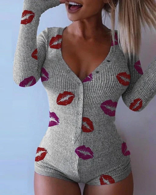 Hulianfu Spring New Women Knitted  Romper Homewear Cute Deep V-Neck Long-Sleeved Pajamas Female Star Pattern Button Jumpsuit - Deanwangkt
