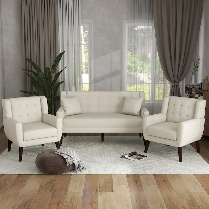 Modern Curved 63 Button Tufted Upholstered Loveseat with 2 Accent Chairs