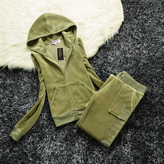 Hulianfu Spring/Fall Women's Brand Velvet Fabric Tracksuits Velour Suit Women Track Suit Hoodies And Pants fat sister sportswear - Deanwangkt