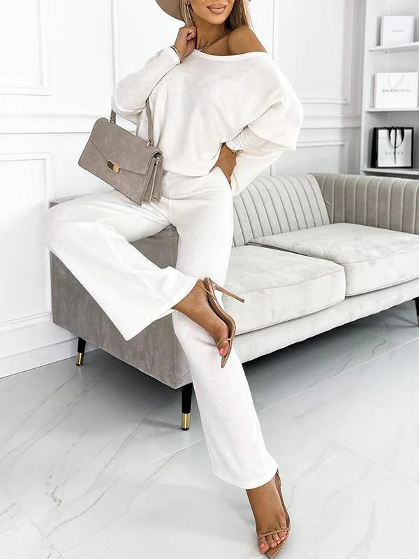 White Plain Round Neck Long Sleeve Two Piece Set