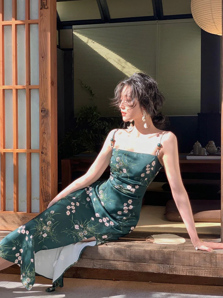 Hulianfu Women Slash Neck Sexy Strapless Retro Green Printing Elegant Temperament Fitting Suspender Slit Bodycon Long Midi Dress Summer - Deanwangkt