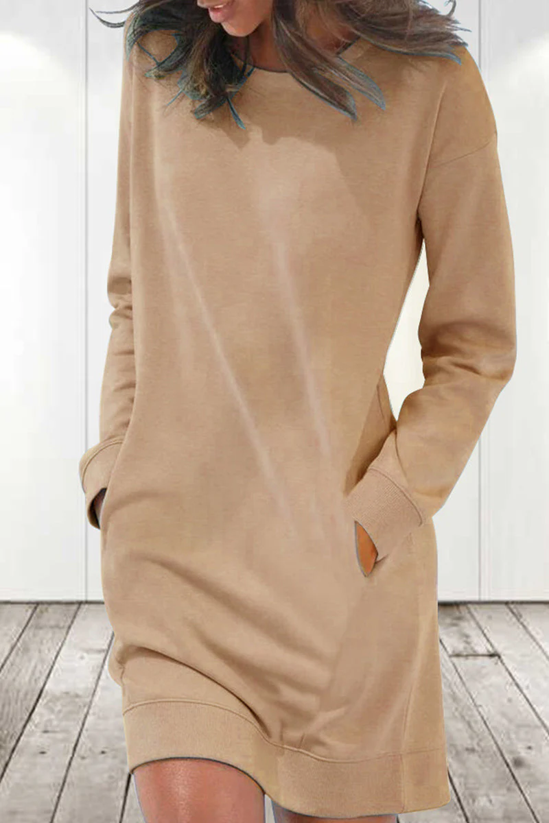 hulianfu Casual Solid Solid Color O Neck Long Sleeve Dresses(6 Colors) - Deanwangkt