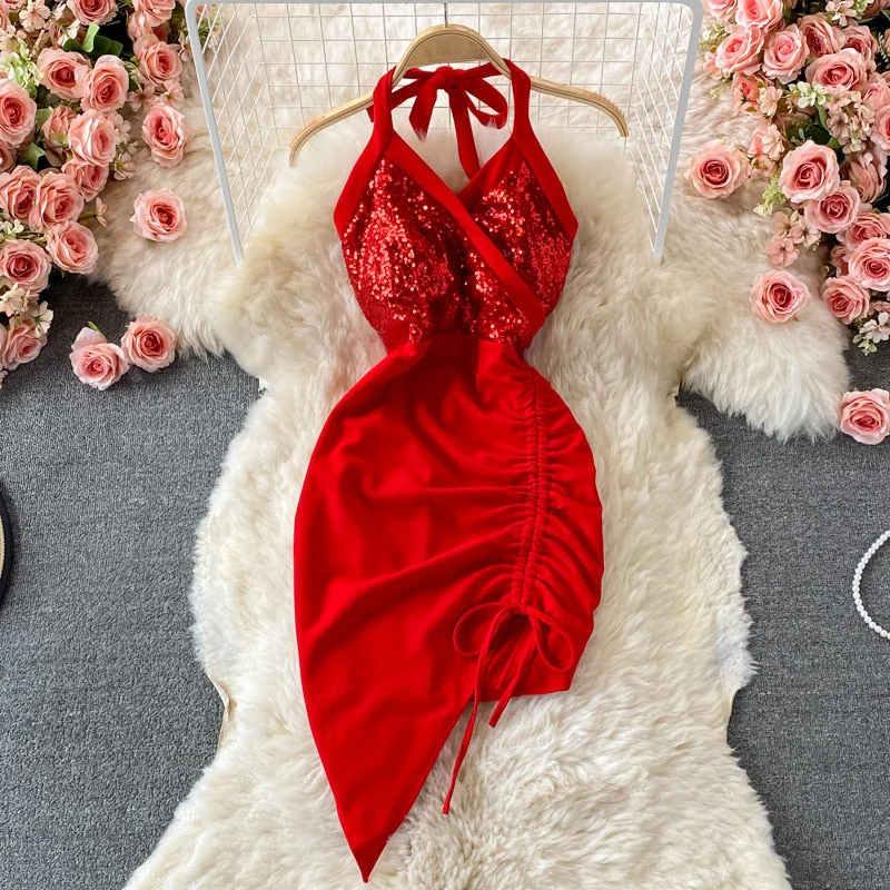 Hulianfu Summer Women Dress Sexy Lace-up Halter Sleeveless Sequins Party Dress High Waist Drawstring Ruched Irregular Backless Club Dress - Deanwangkt