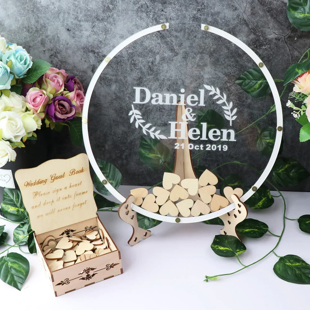 HULIANFU Personalized Acrylic round wedding guest book alternative,Acrylic drop top,Circle wood wedding guest book,wedding name sign, - Deanwangkt