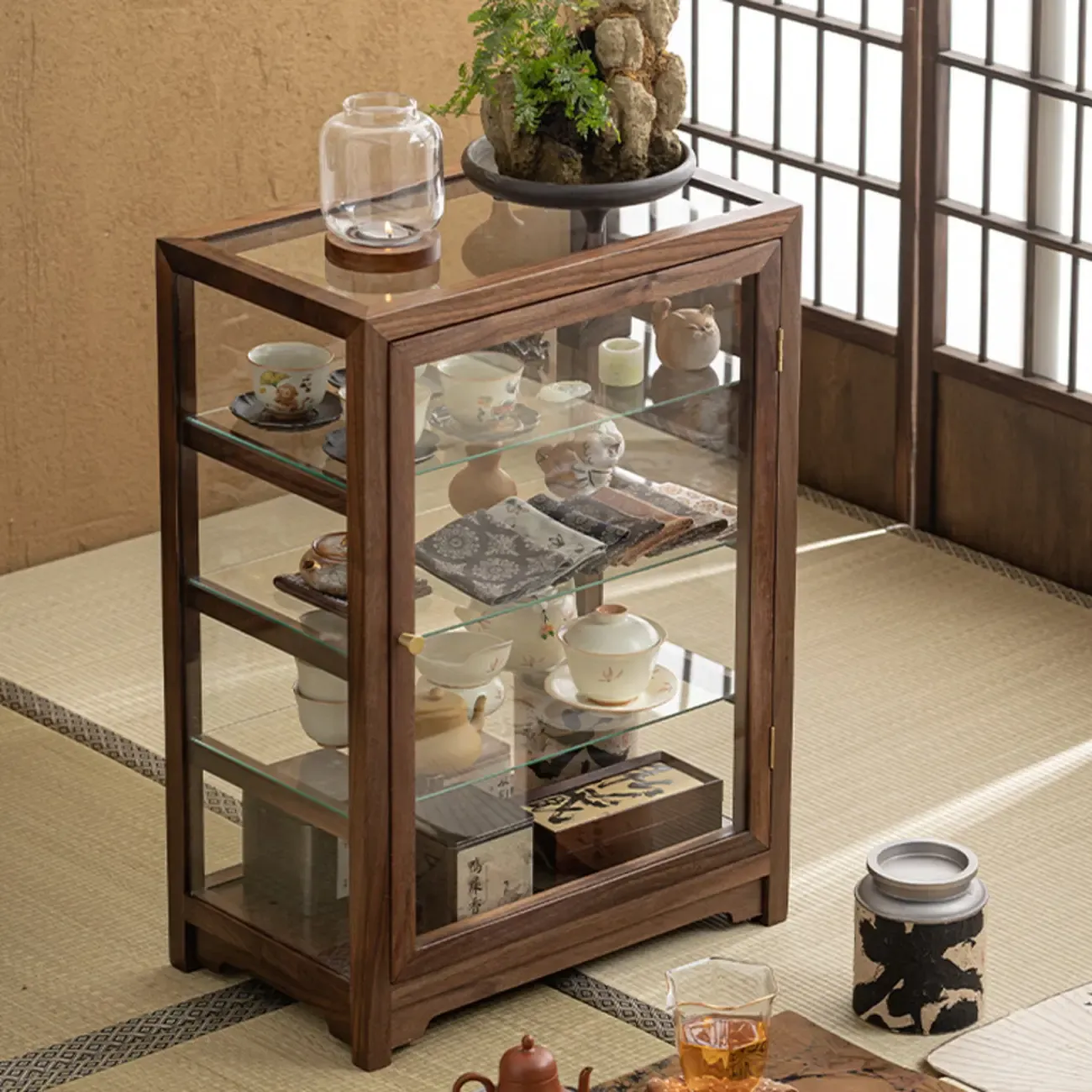 Wooden Tabletop Display Cabinet Glass Doors