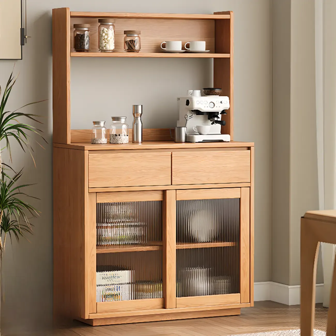 Modern Wood Narrow Buffet with Drawers and Sliding Doors