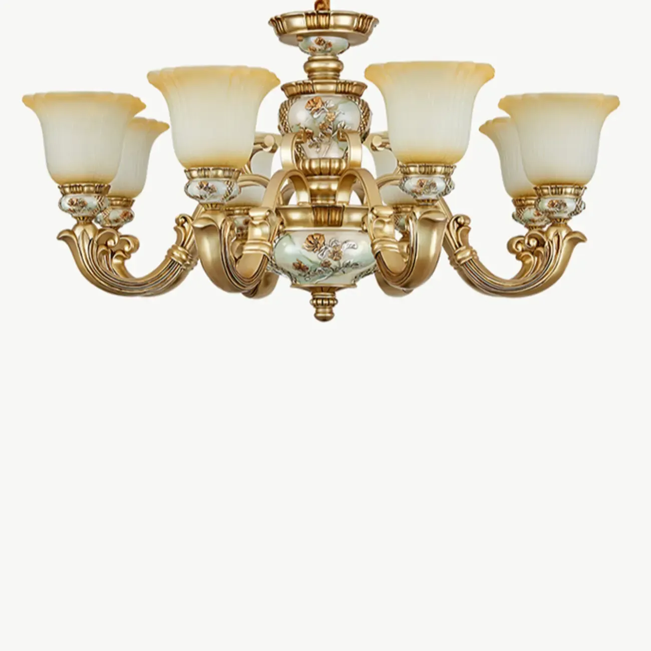 Antique Gold Ceramic Chandelier with Frosted Glass Bell Shape