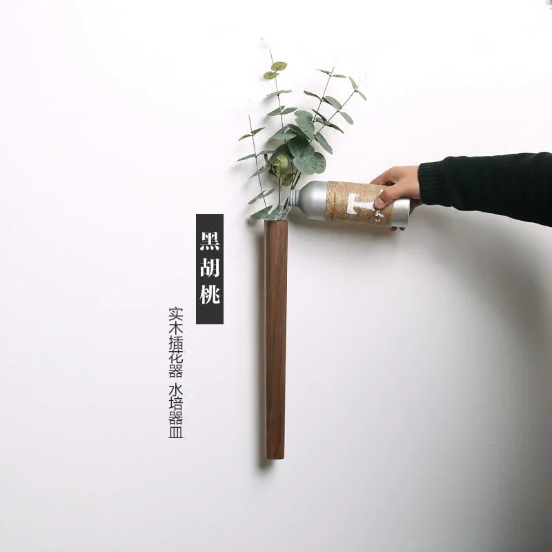 HULIANFU Nordic Handmade Solid Wood Wall Vase Hydroponic Flower Plant Pot Bonsai Glass Bottle Home Bar Restaurant Decor Entrance Ornament - Deanwangkt