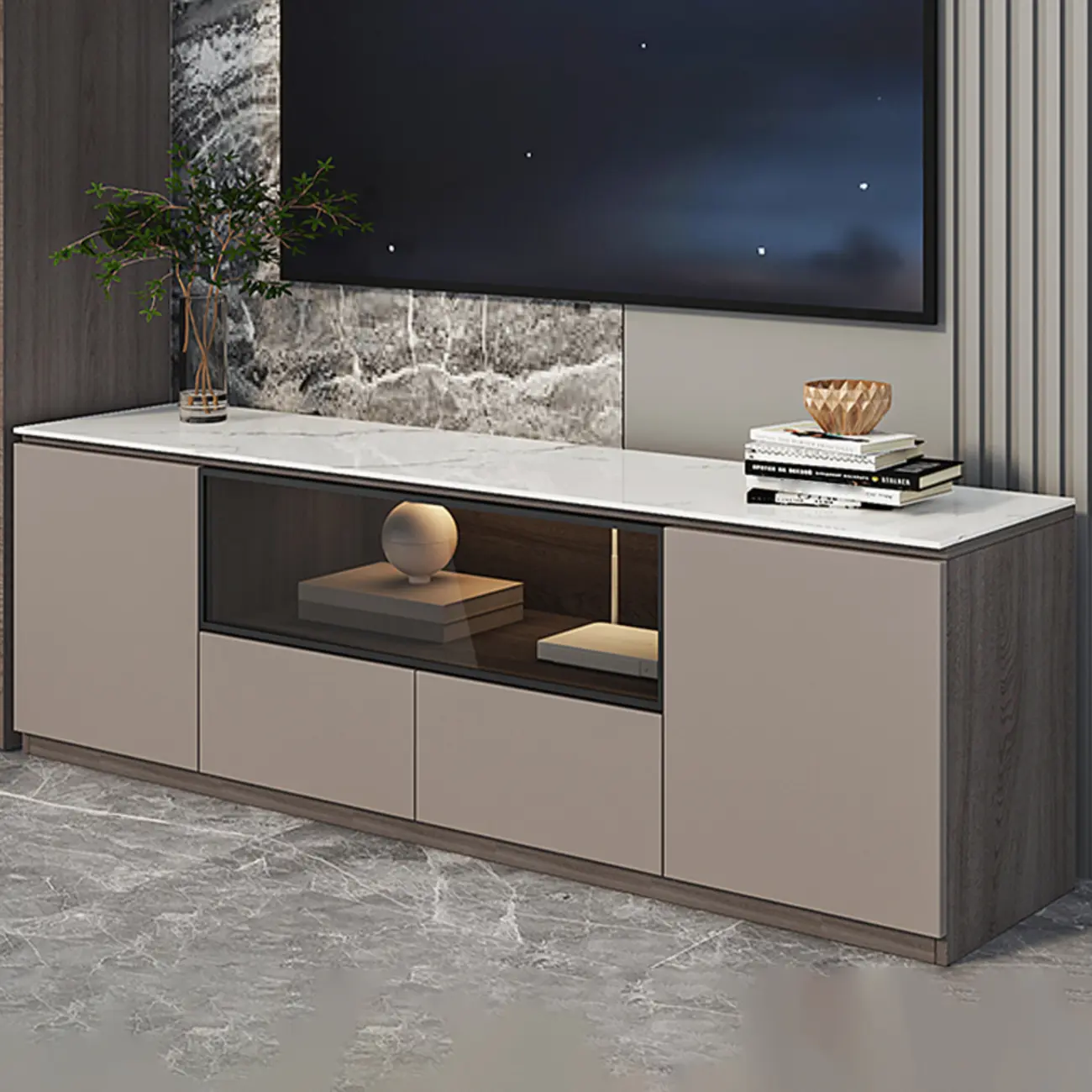 94 Dark Gray Stone Long Cabinet TV Stand with LED Lights