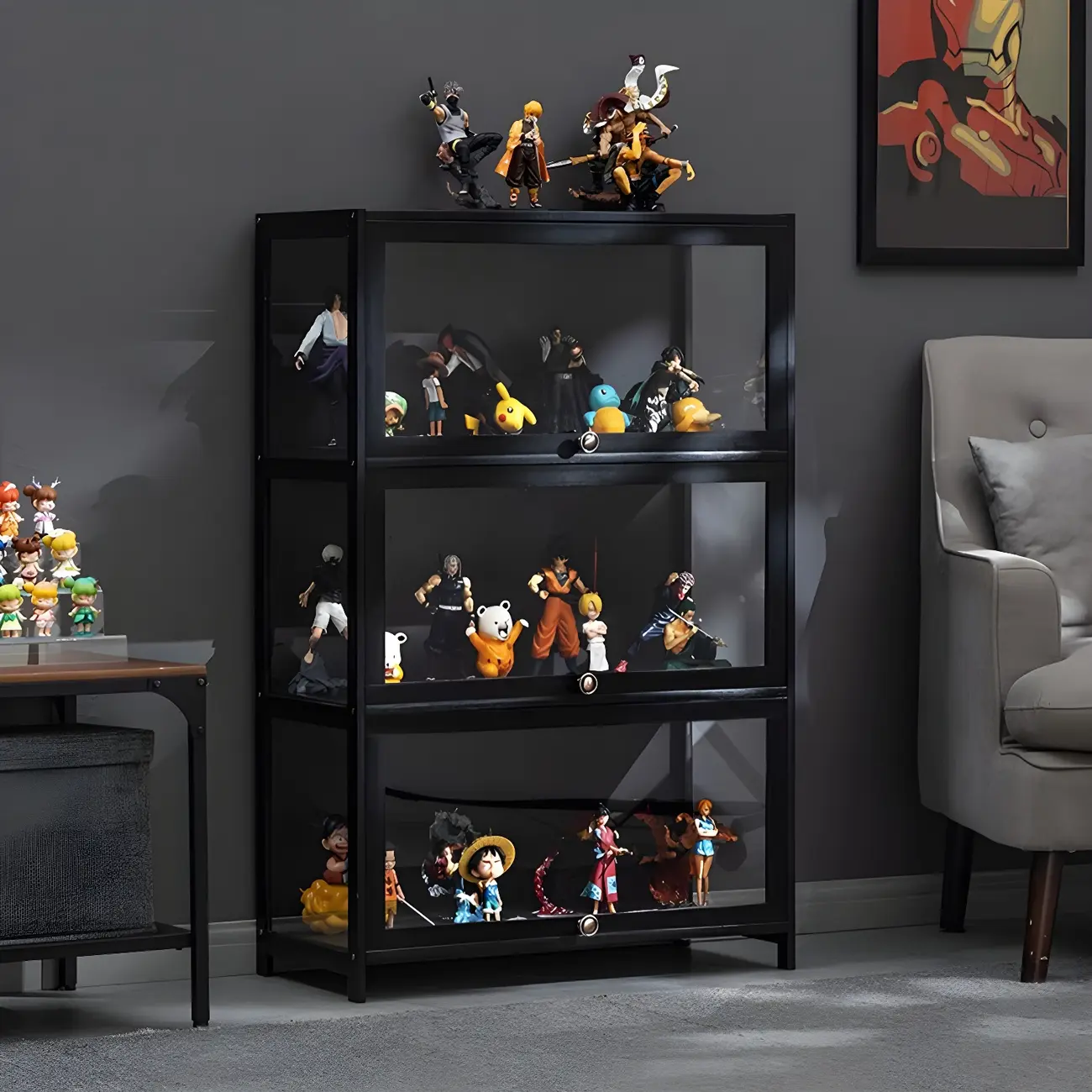Elegant Black Bamboo Clear Figure Display Cabinet