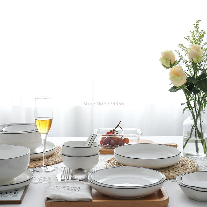 HULIANFU White Dinner Plate Set Ceramic Kitchen Plate Tableware Set Food Dishes Rice Salad Noodles Bowl Soup Kitchen Cook Tool 1pc - Deanwangkt