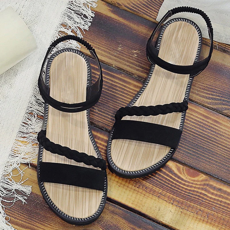 hulianfu Women Casual Ankle Buckle Sandals Rome Style Shoes Summer Fashion Flock Woven Open Toe Narrow Band Flat Beach Sandals - Deanwangkt