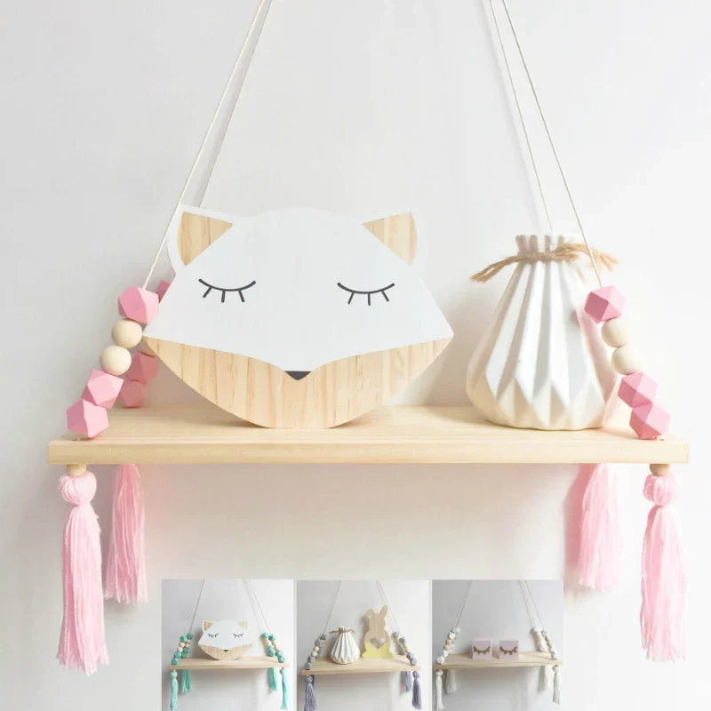 HULIANFU Nordic Nursery & Kids Decor Tassels Storage Shelf Rack Wall Hanging Wood Toys Model Baby Kid Room Furnish Artic Home Decoration - Deanwangkt