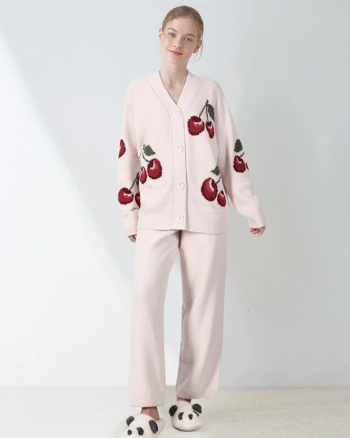 Fall/Winter soft half-fleece cherry cardigan pajama set for women, fleece-lined thick warm maternity/homewear