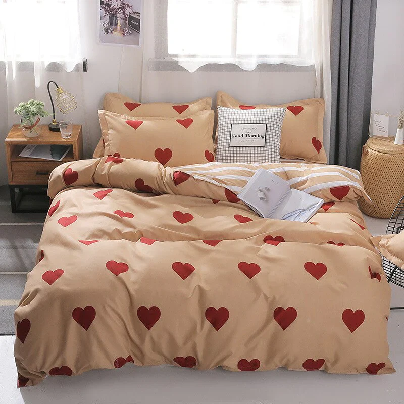 HULIANFU Nordic Style Pink Heart Bedding Set Cover Cute Bed Linens Duvet Cover Sheets and Pillowcases Queen King Size Home Textile Sets - Deanwangkt
