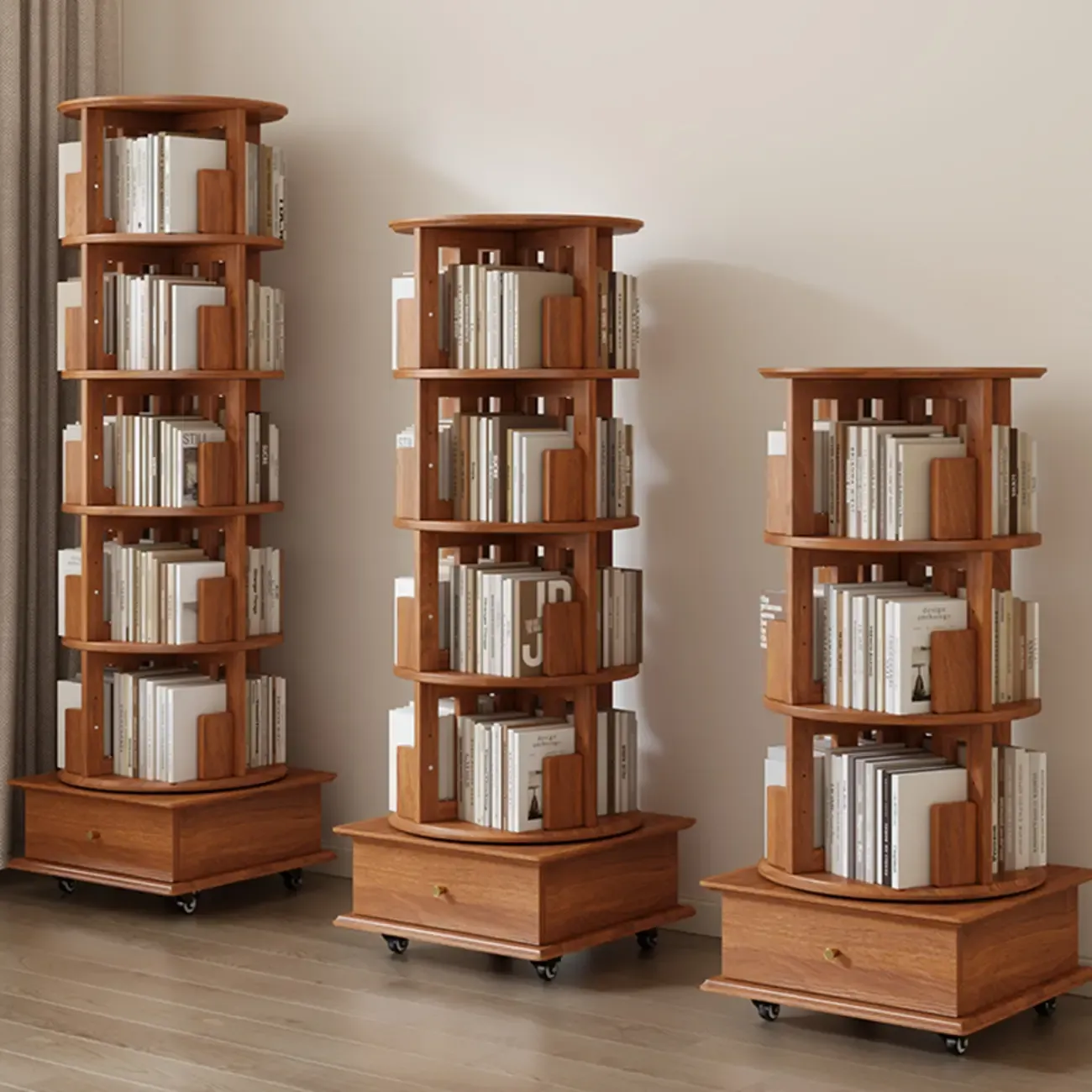 Swivel Rubberwood Vertical Open Back Bookcase with Drawer