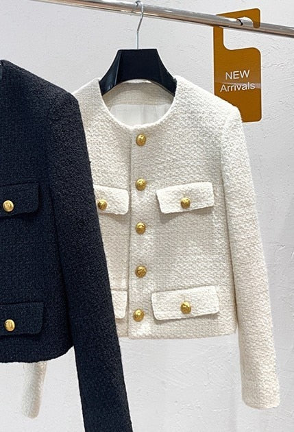 Hulianfu Small Fragrance Women Black Tweed Outerwear Autumn Winter Golden Button Blends Wool Female Long Sleeve Jacket Coat - Deanwangkt