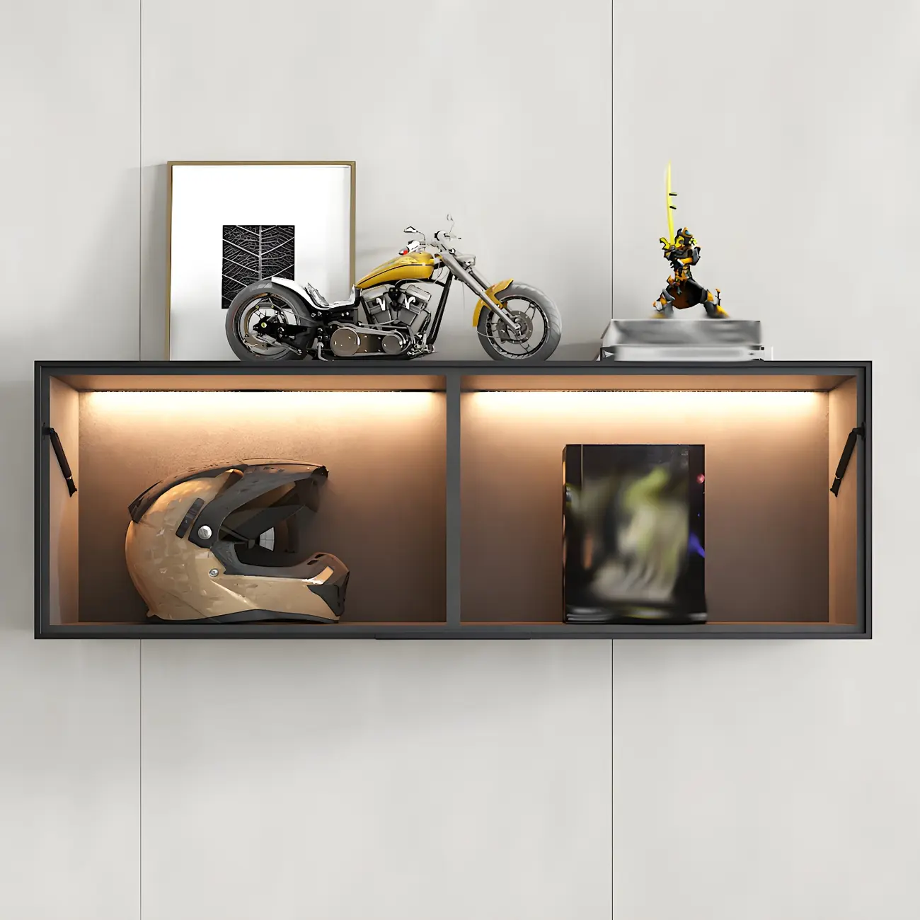 Black Wall Mount Wood 2-Cube Display Cabinet with Light