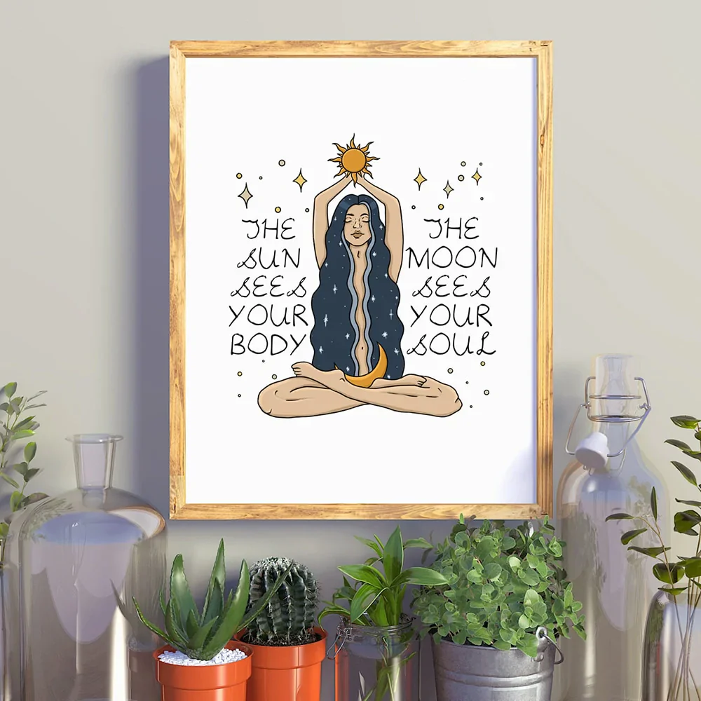 HULIANFU Nordic Style Feminine Posters and Prints Female Celestial Wall Art Sun Moon Body Soul Wall Pictures for Living Room Home Decor - Deanwangkt