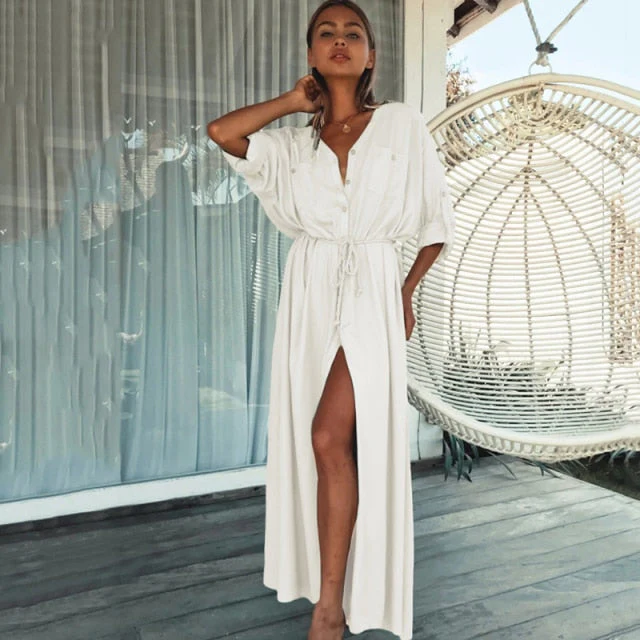 Leaves Print Bikini Beach Cover up Tunics for Beach Long Kaftan Bikini Cover up Robe de Plage Sarong Beach Swimsuit cover-ups - Deanwangkt